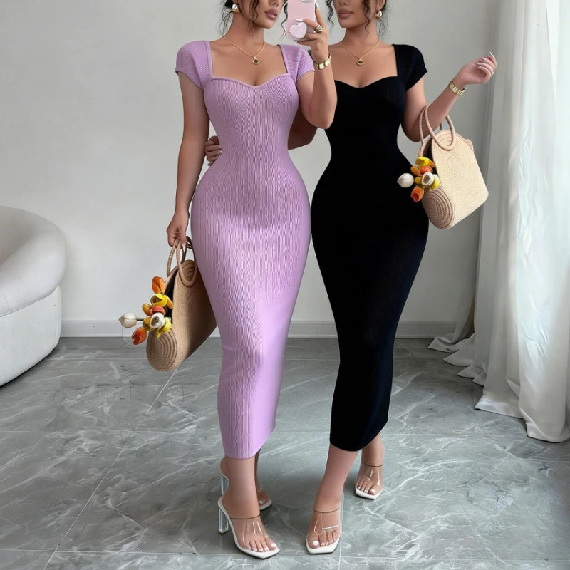 Women's Purple Sweetheart Neck Short Sleeve Stretchy Ribbed Knit Bodycon Midi Dress Summer Beach Vacation Party Long Dress