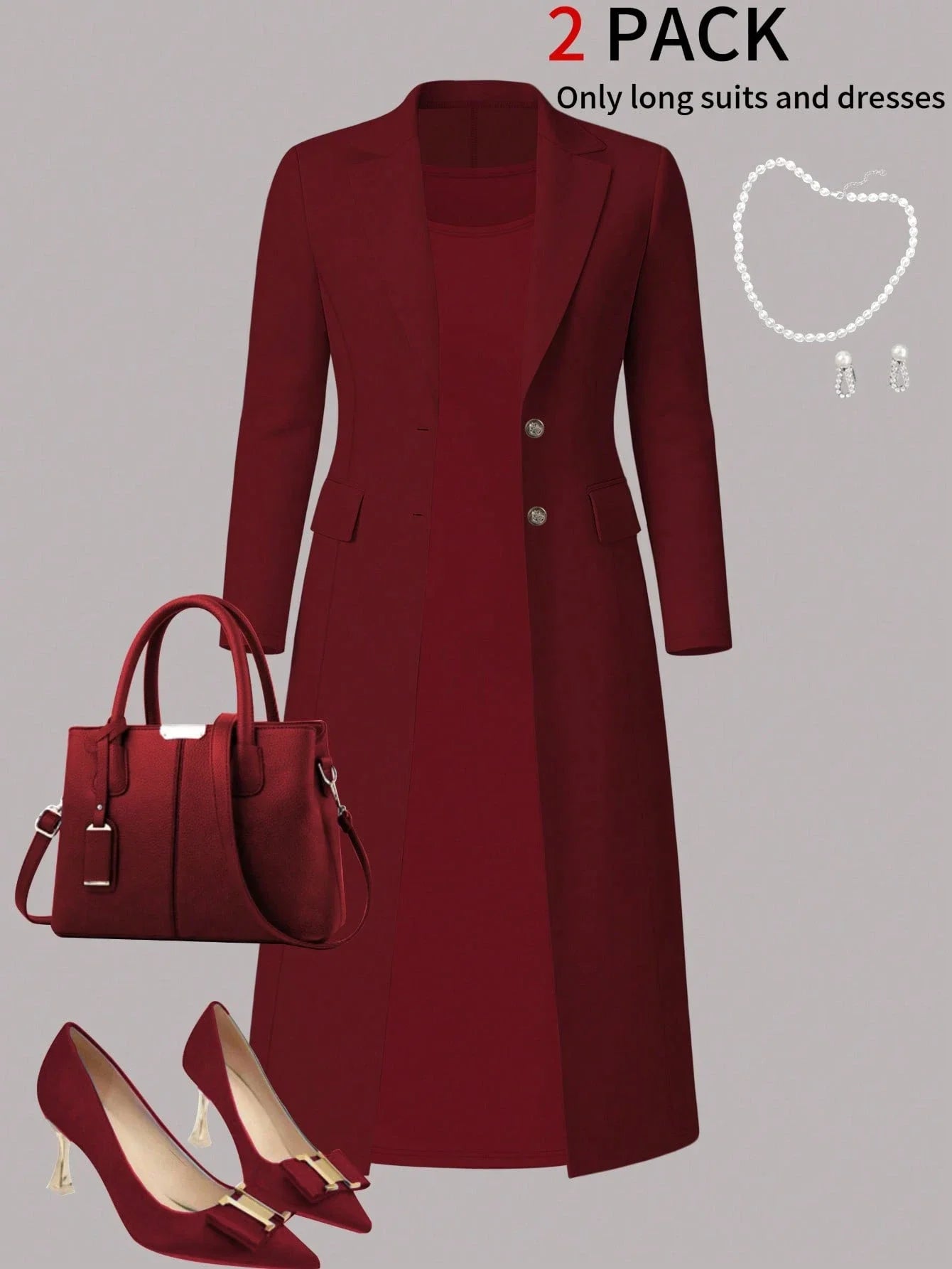 Women's Elegant 2-Piece Set Solid Color Long Sleeve Blazer Jacket And Sleeveless Midi Dress