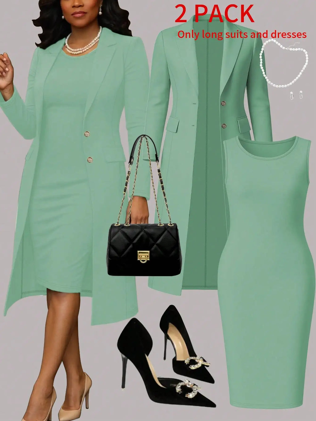 Women's Elegant 2-Piece Set Solid Color Long Sleeve Blazer Jacket And Sleeveless Midi Dress