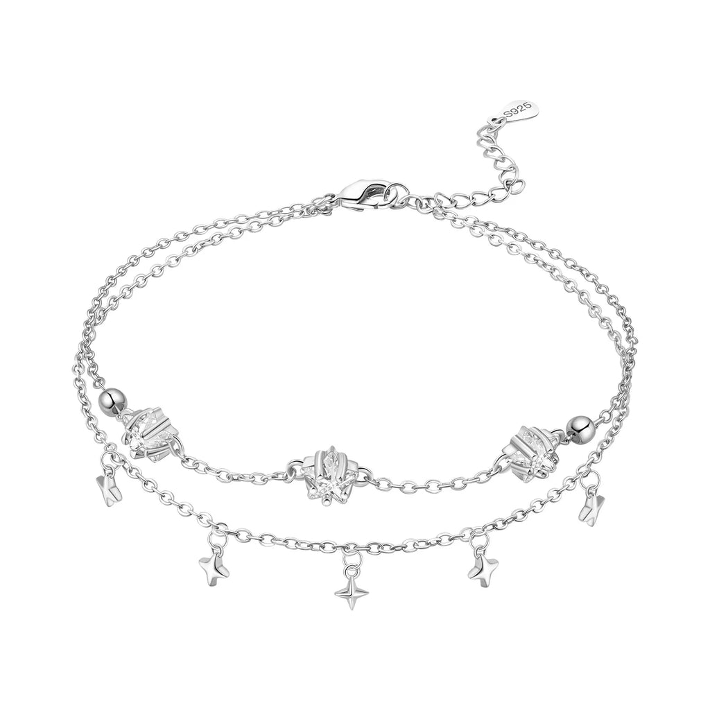 Orstarry S925 Sterling Silver Summer Double Star Shaped Chain Anklets Women Lady Ankle Bracelet Prom Foot Party Jewelry Gifts