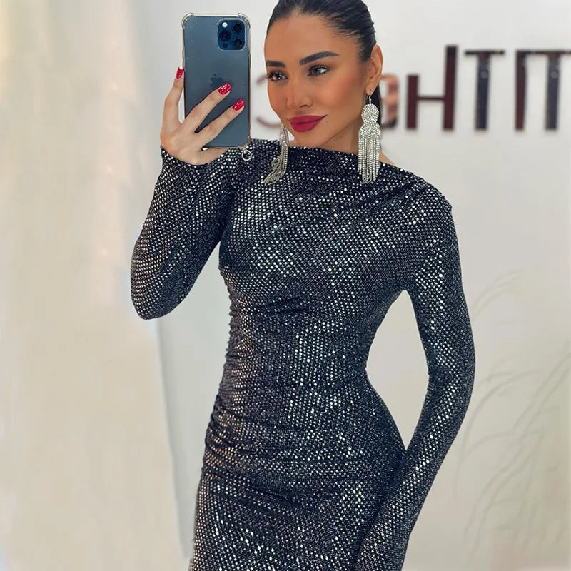 Sparkly Sequin Bodycon Long Sleeve Midi Dress Elegant Party Evening Wear Slim Fit Back Zipper Formal Occasion Cocktail Gown