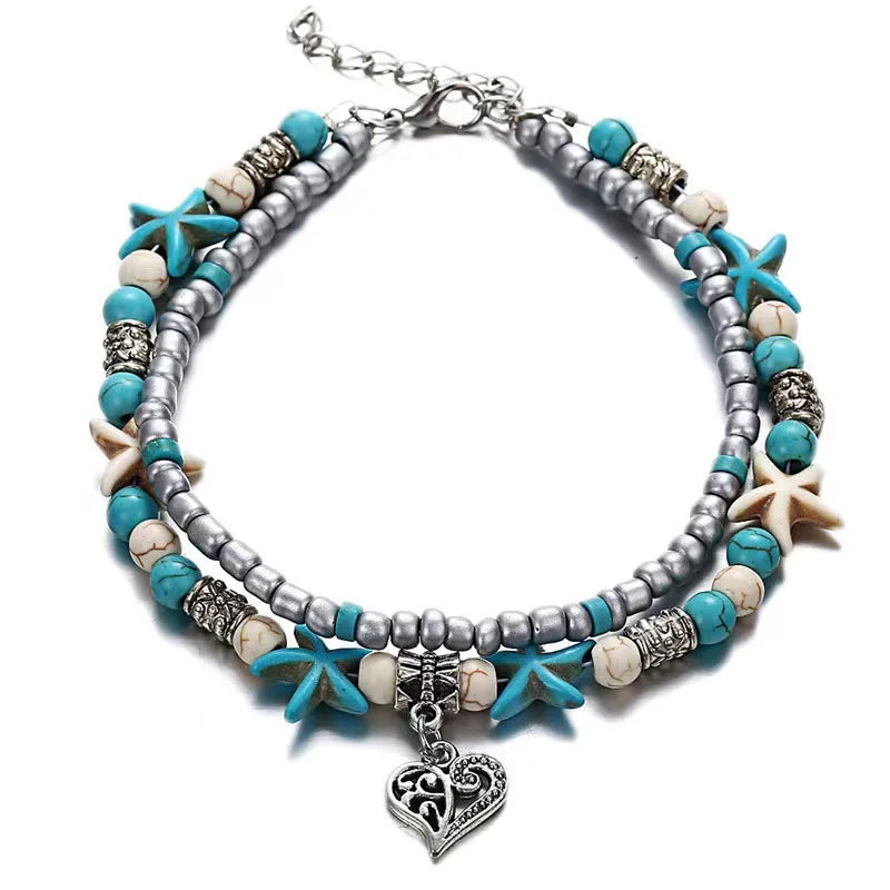 Vintage Turquoise Starfish Turtle Foot Ornaments Beach Layer Beaded Hollow Double Anklet for women Valentine's Day Gift