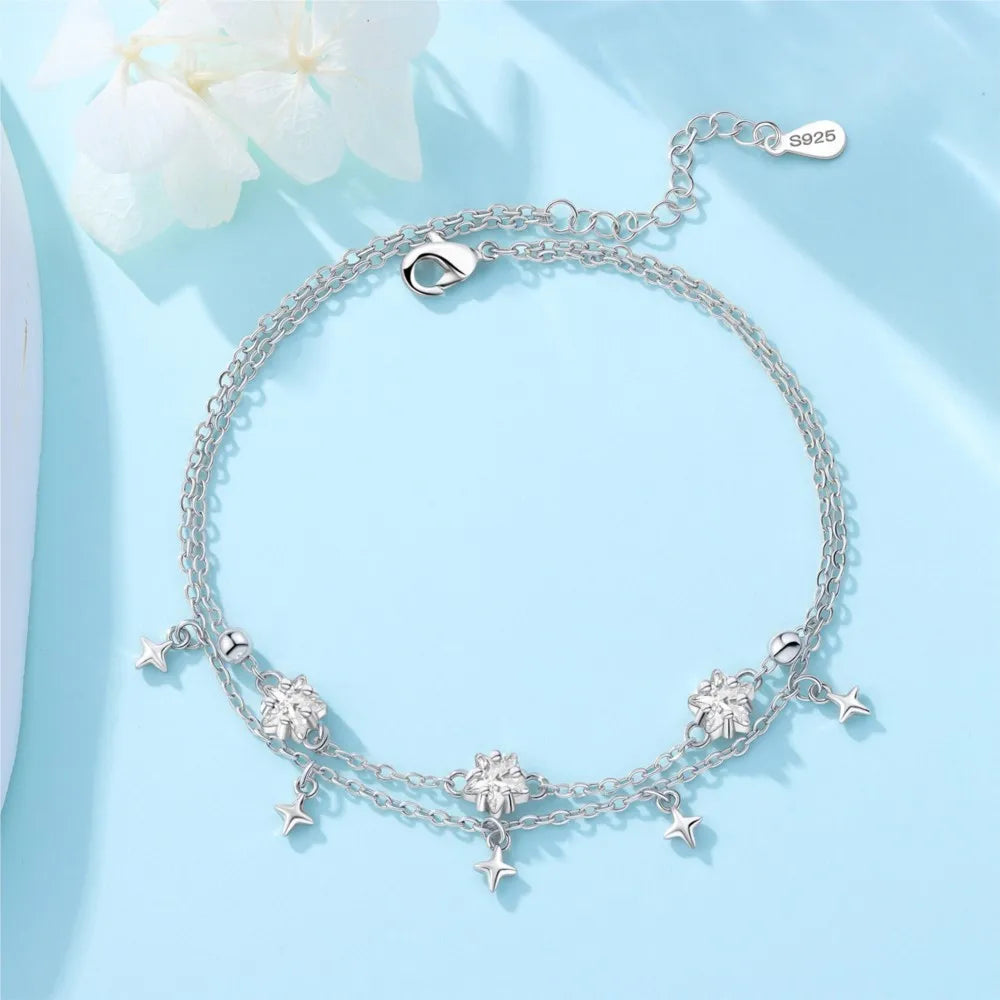 Orstarry S925 Sterling Silver Summer Double Star Shaped Chain Anklets Women Lady Ankle Bracelet Prom Foot Party Jewelry Gifts