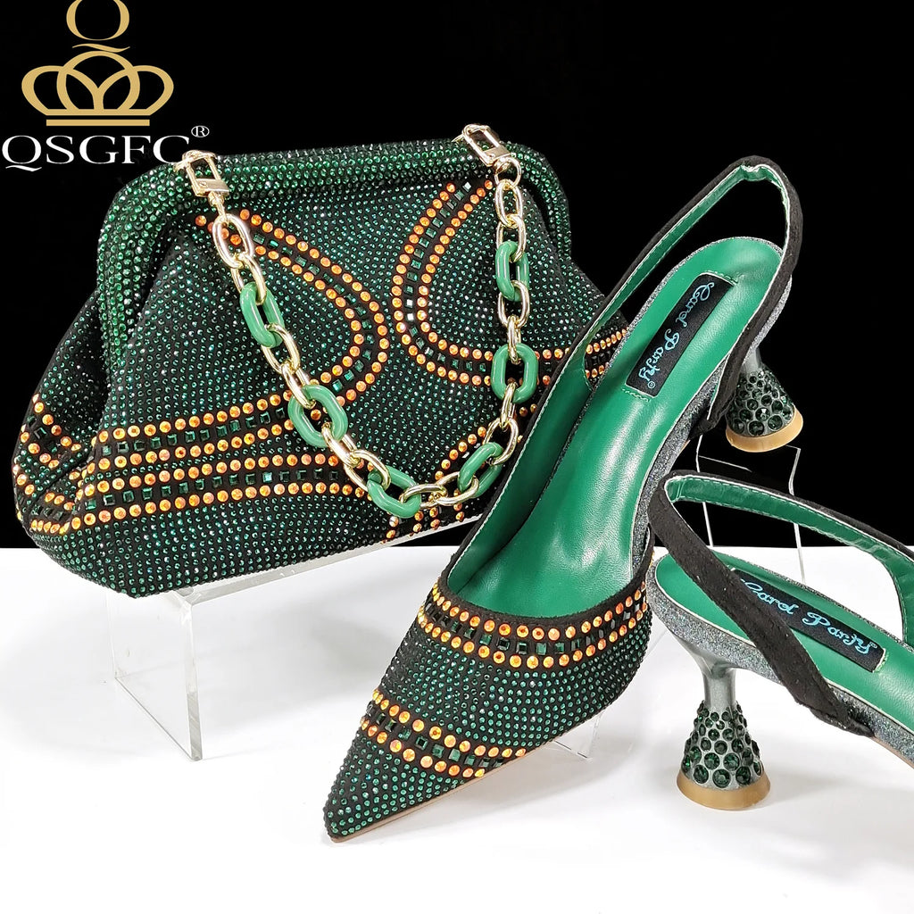 QSGFC New Designer Specials Italian Women Heels Shoes and Bag Set  Royal Green Color Comfortable With Rhinestone for Party