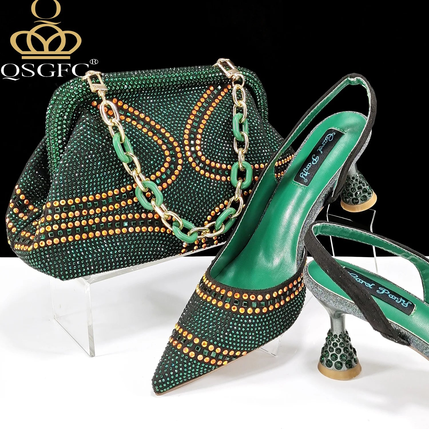 QSGFC New Designer Specials Italian Women Heels Shoes and Bag Set  Royal Green Color Comfortable With Rhinestone for Party