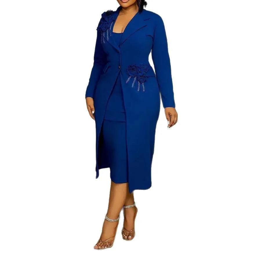 Women Dress Sets Two Pieces Set Matching Set Casual Elegant Flower V Neck Suit Coat Mid Calf Slip Dress Party Night 2025 Work