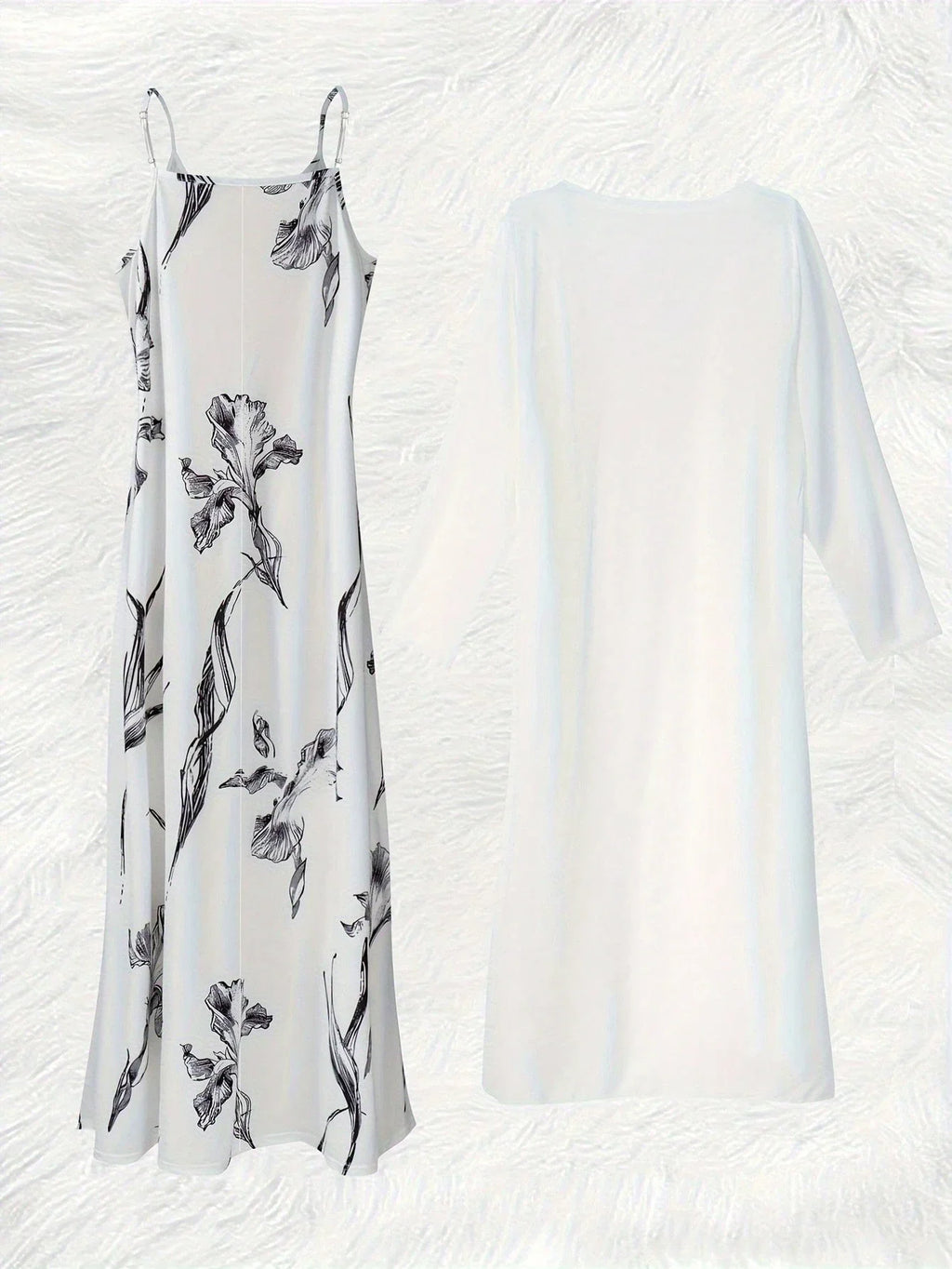 Elegant V-Neck Floral Chiffon Midi Dress With 3/4 Sleeve Cardigan Set White Spring Summer