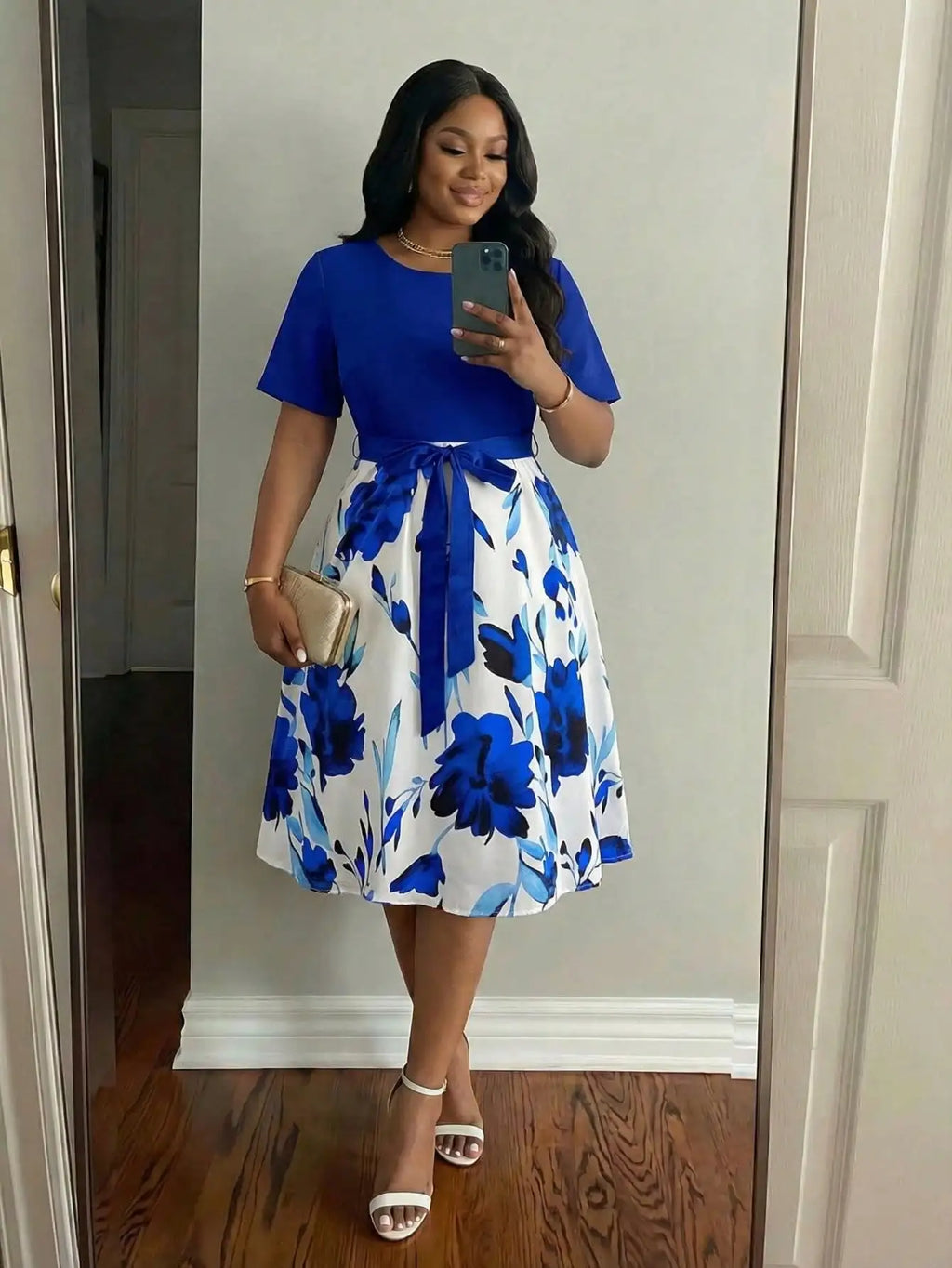 Elegant Floral Print Flared Midi Dress With Belt Short Sleeve Round Neck For Women