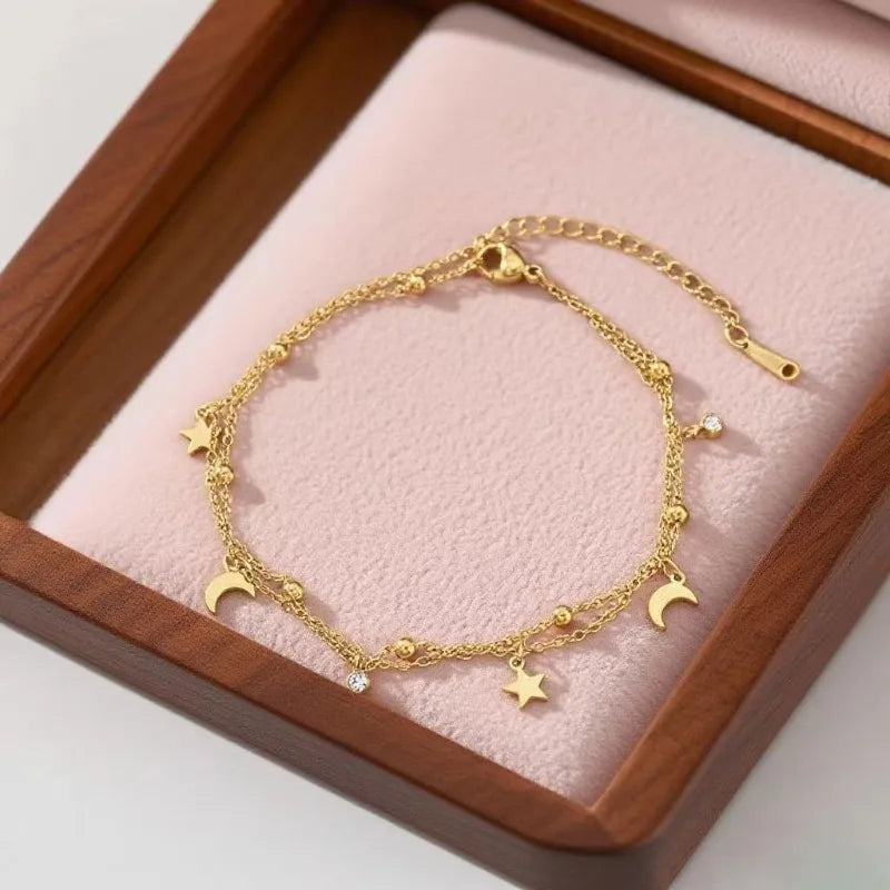 Sweet Fashion Gold Color Stainless Steel Double-layer Star and Moon Anklets for Woman Summer Beach Jewelry Accessories Colorfast