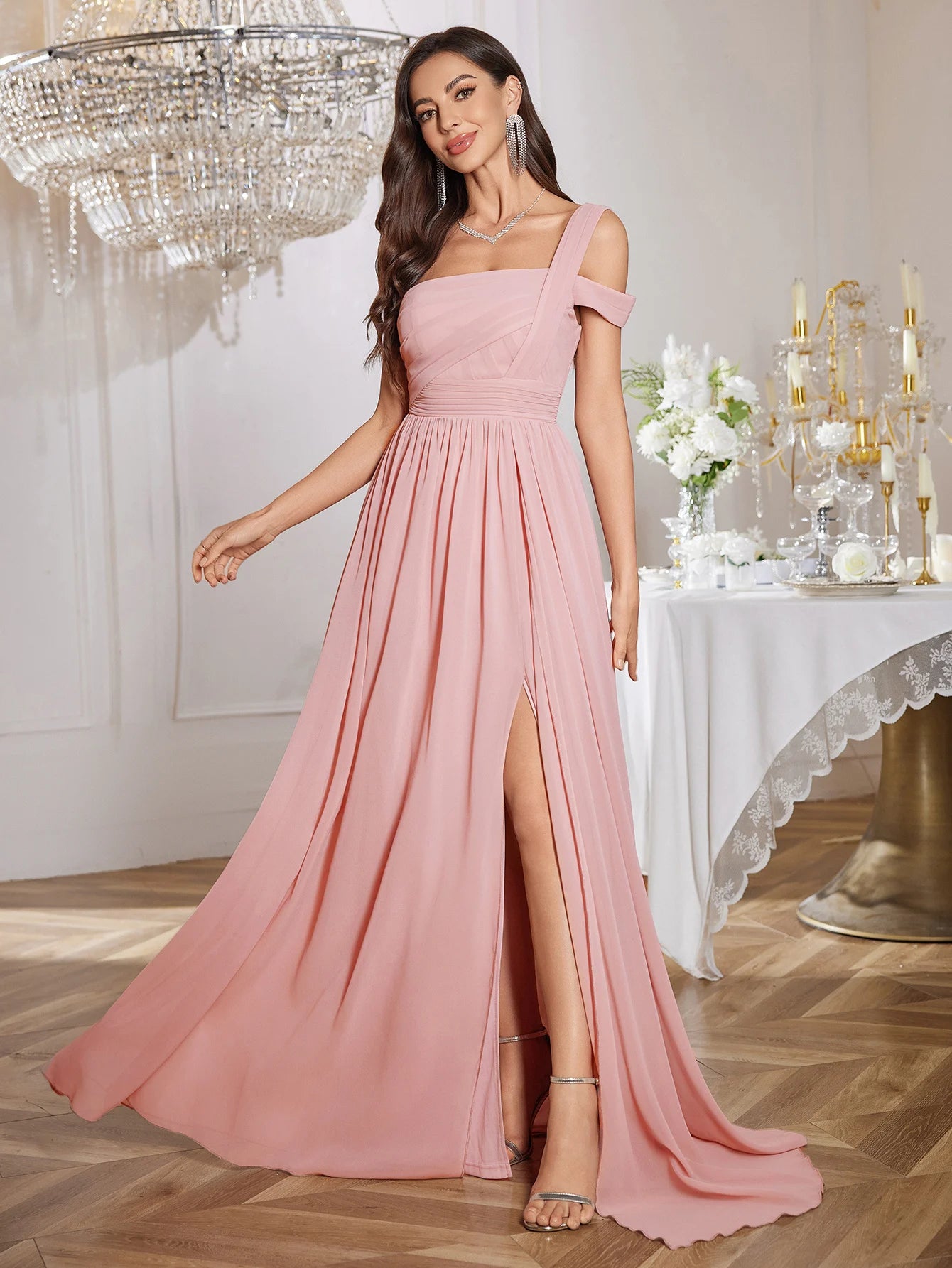 UNITHORSE Elegant One-Shoulder Backless Maids Dress Pure Color Chiffon Gathered Waist High Slit Floor-Length Evening Gown