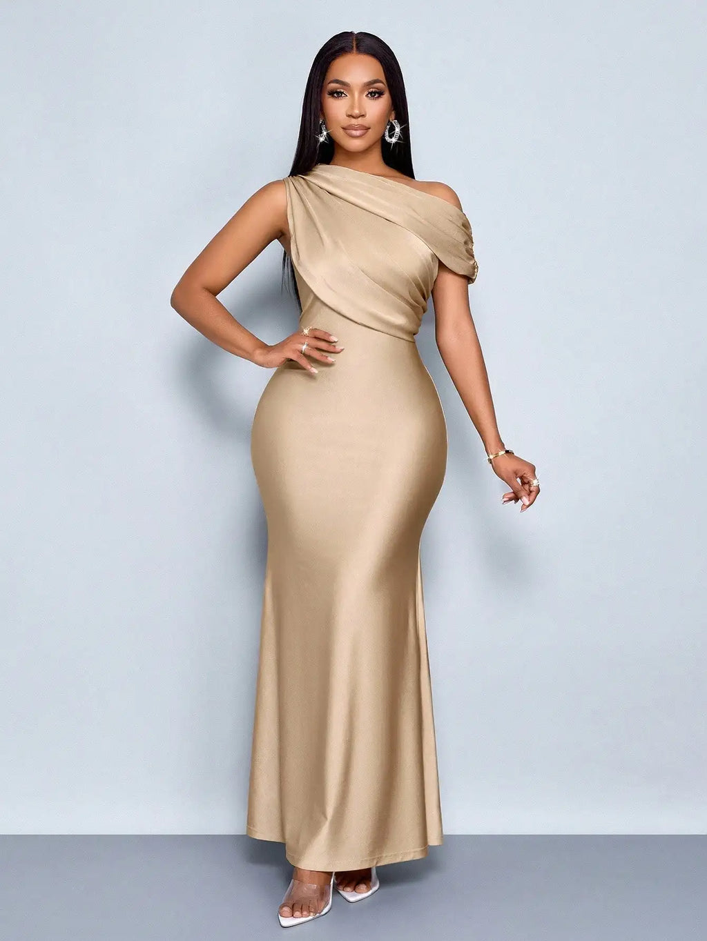 Elegant Apricot Satin Asymmetric Off-Shoulder Sleeveless Fitted Floor-Length Maxi Dress