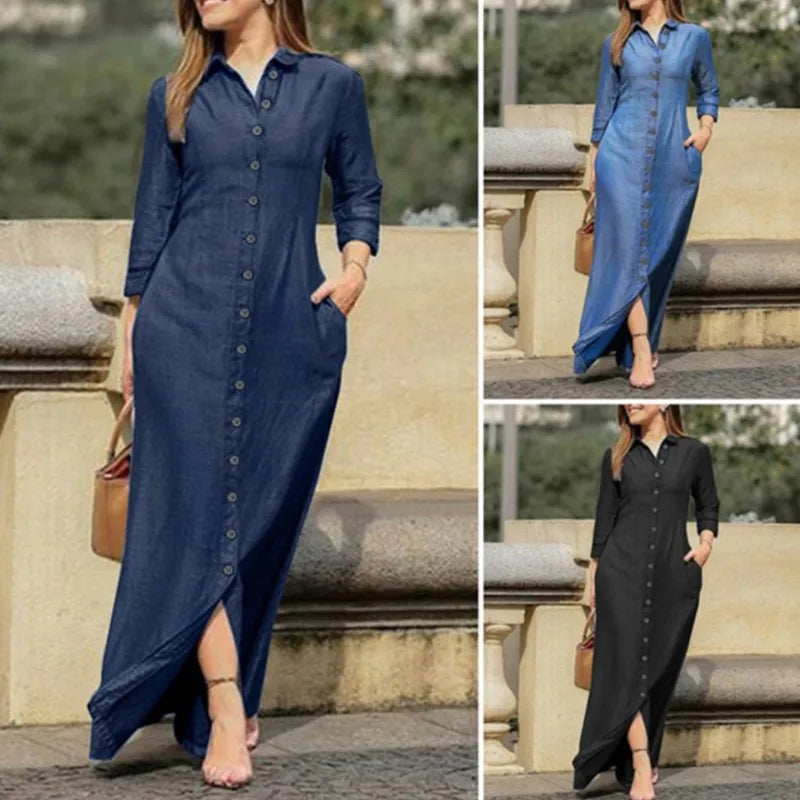 2025 Spring Elegant Women's Denim Dress New Casual Long Sleeve Buttons Shirt Maxi Dresses For Women Robe Femal Office Clothing