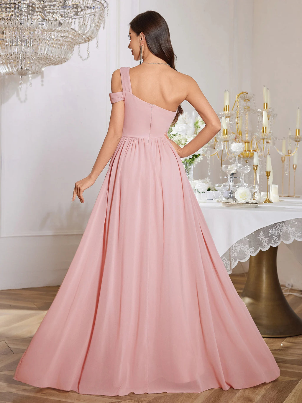 UNITHORSE Elegant One-Shoulder Backless Maids Dress Pure Color Chiffon Gathered Waist High Slit Floor-Length Evening Gown