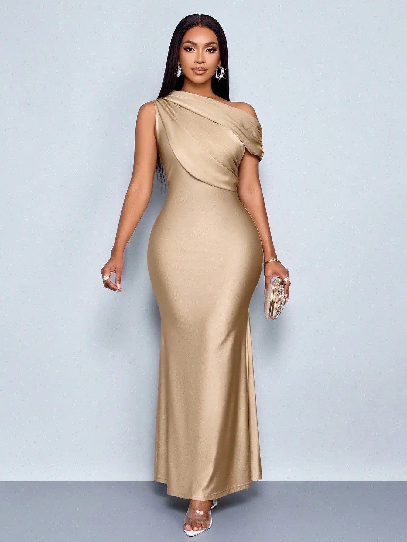 Elegant Apricot Satin Asymmetric Off-Shoulder Sleeveless Fitted Floor-Length Maxi Dress