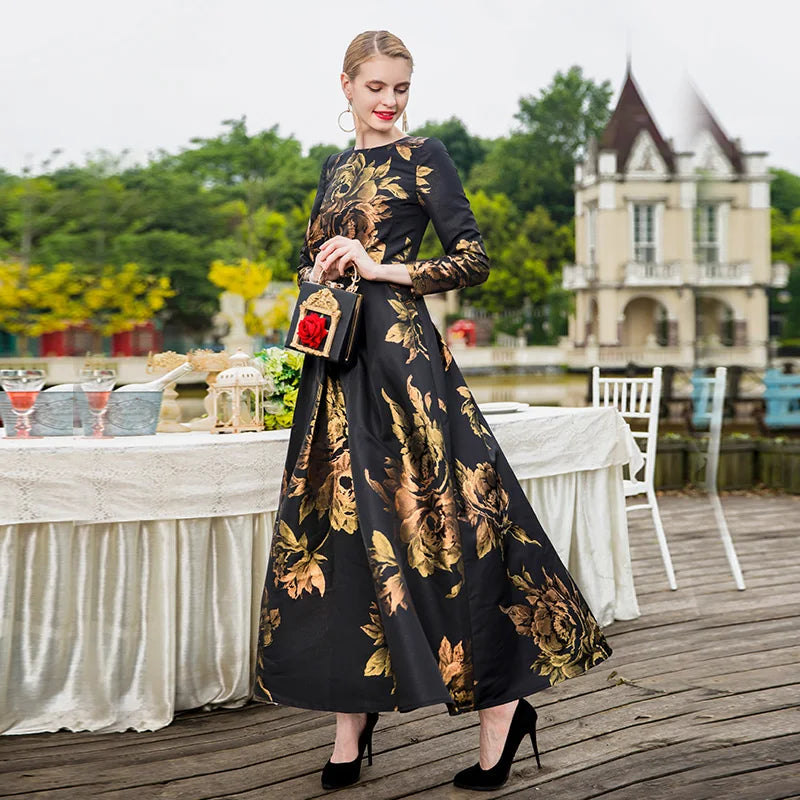 Elegant Female Long Maxi Jacquard Dress Pretty Dresses Women Evening Floral Vintage Ladis Party Fall Winter Clothes