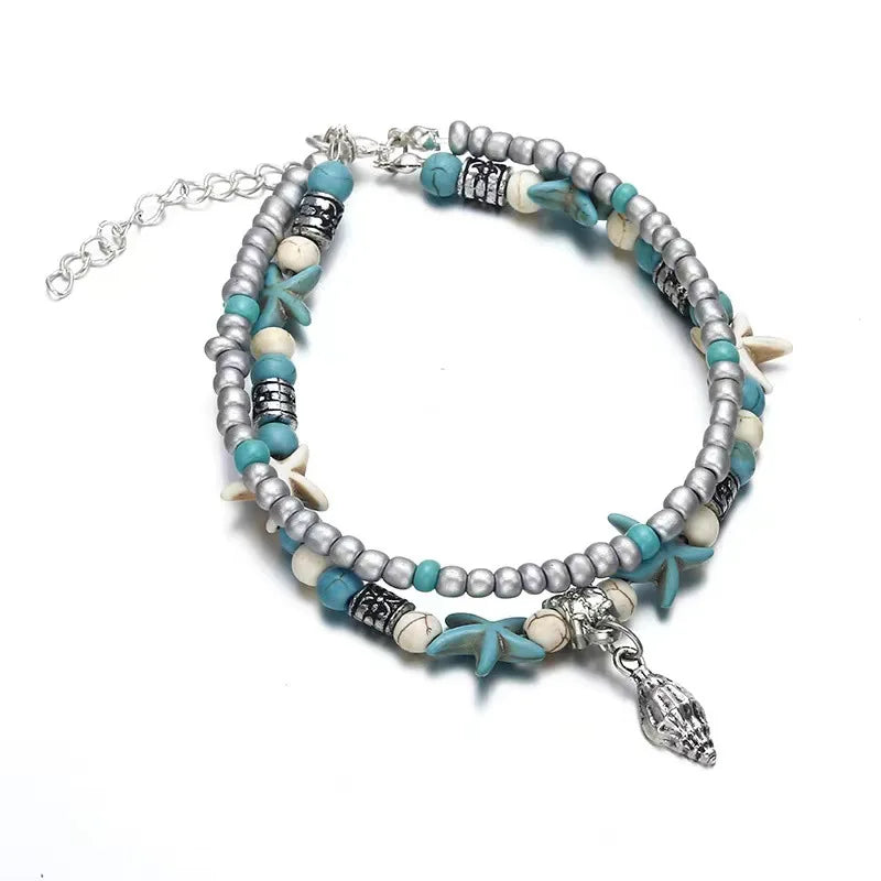 Vintage Turquoise Starfish Turtle Foot Ornaments Beach Layer Beaded Hollow Double Anklet for women Valentine's Day Gift