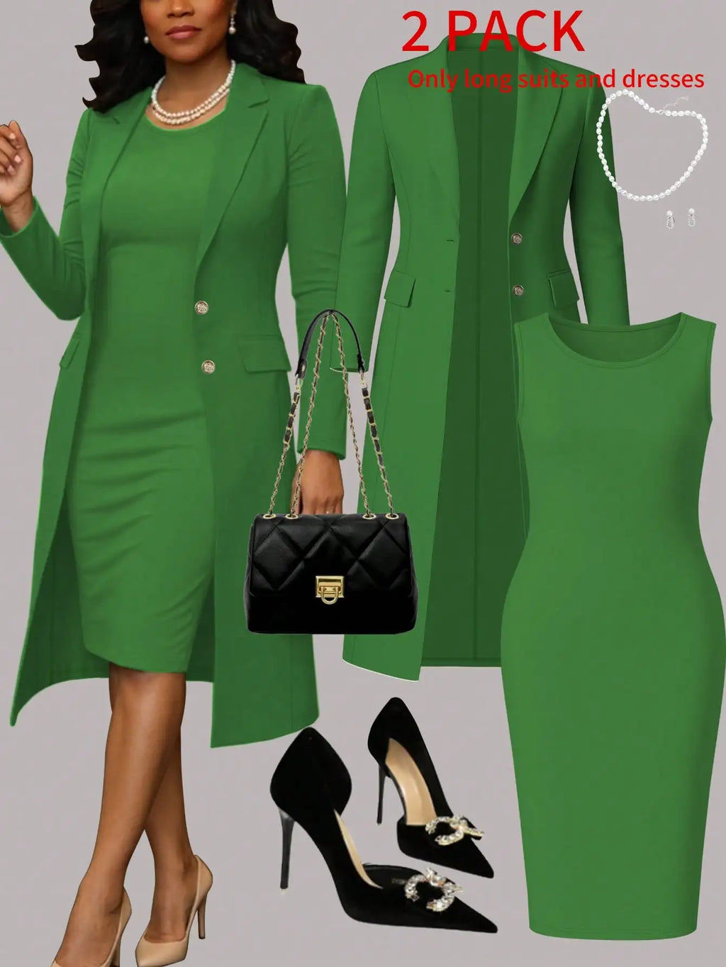 Women's Elegant 2-Piece Set Solid Color Long Sleeve Blazer Jacket And Sleeveless Midi Dress
