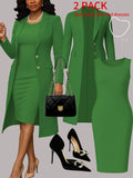 Women's Elegant 2-Piece Set Solid Color Long Sleeve Blazer Jacket And Sleeveless Midi Dress