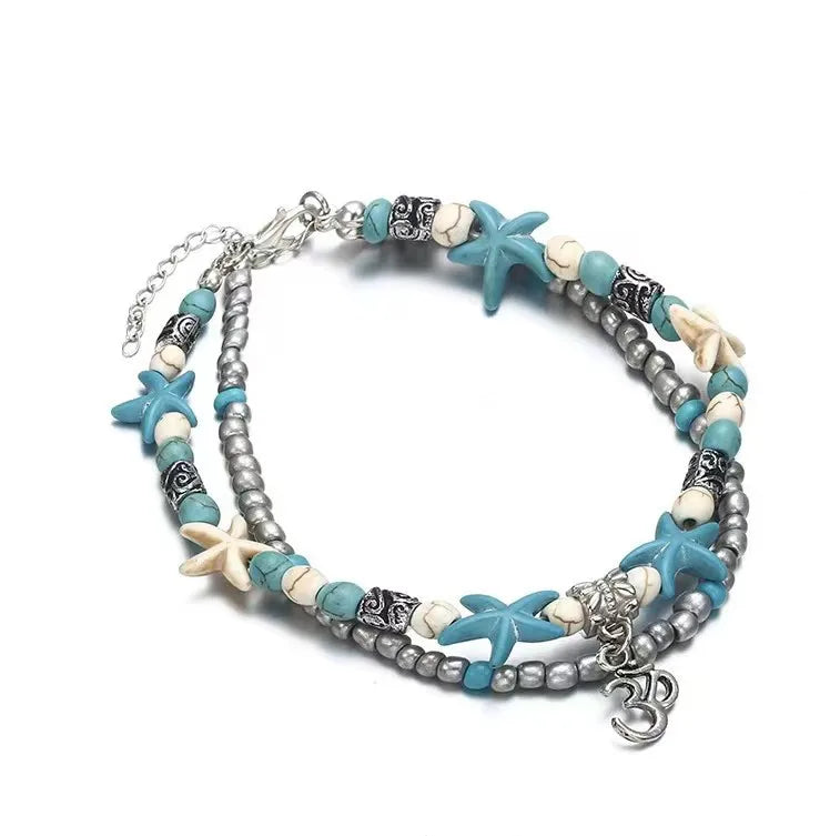 Vintage Turquoise Starfish Turtle Foot Ornaments Beach Layer Beaded Hollow Double Anklet for women Valentine's Day Gift