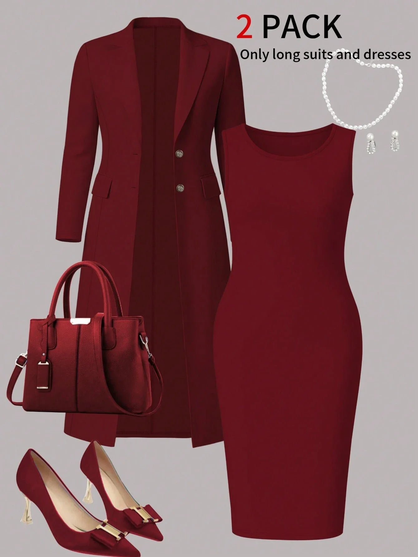 Women's Elegant 2-Piece Set Solid Color Long Sleeve Blazer Jacket And Sleeveless Midi Dress