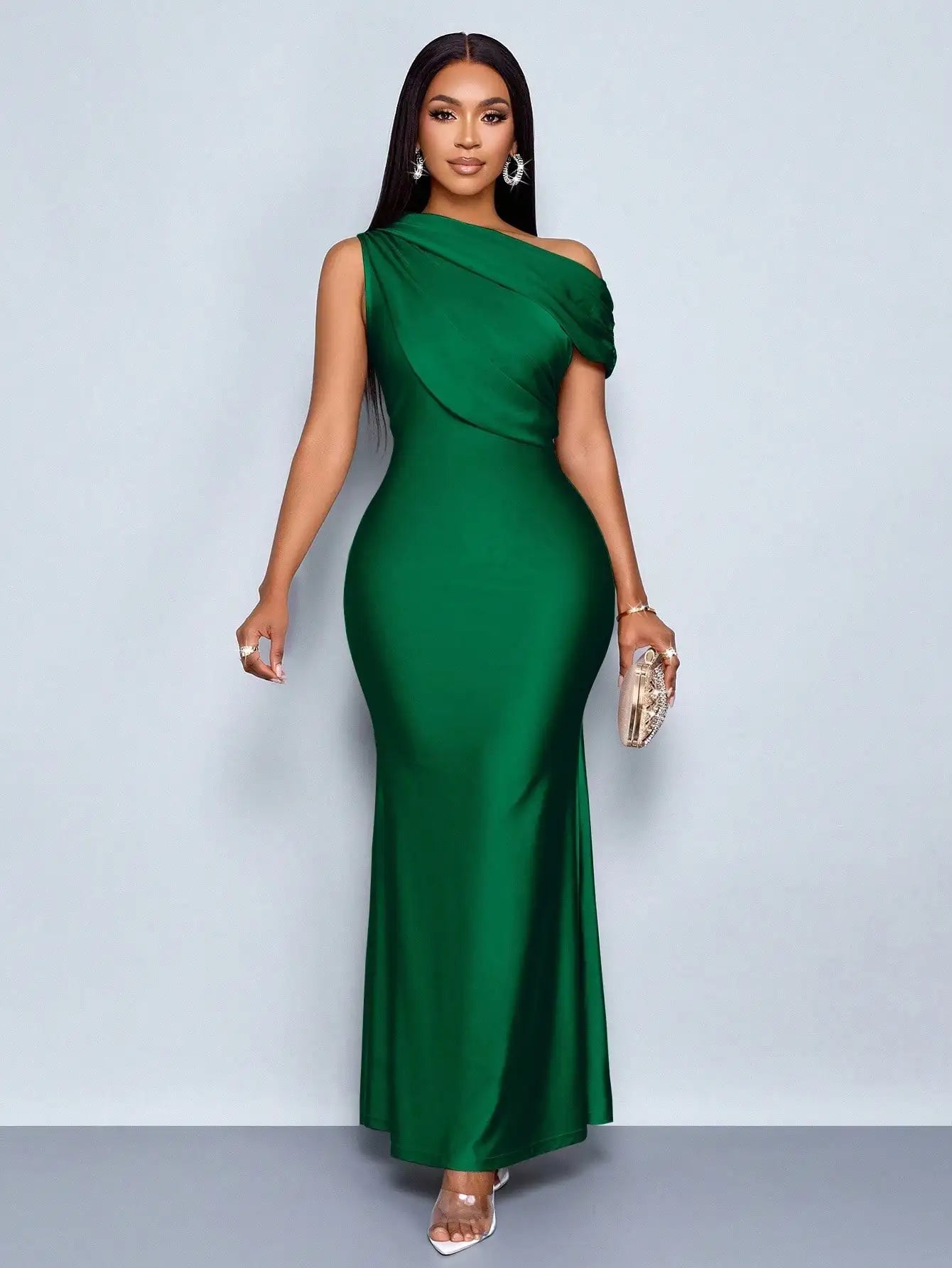 Elegant Apricot Satin Asymmetric Off-Shoulder Sleeveless Fitted Floor-Length Maxi Dress