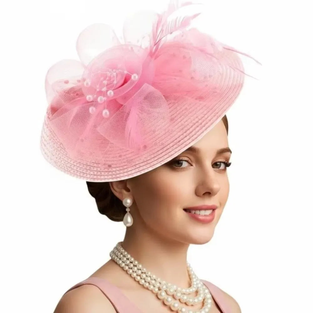 New Mesh Ribbons Fascinator Caps Flower Feather Elegant Hair Drop Fascinator Hat Headwear Women Makeup Prom