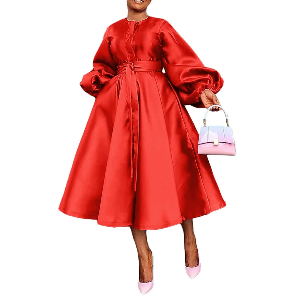 Satin Puff Sleeve Evening Dress for Women Pleated A-Line Round Neck Elegant Party Club Casual Solid Midi Dress with Belt 2025