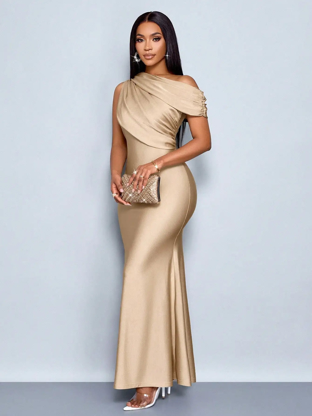 Elegant Apricot Satin Asymmetric Off-Shoulder Sleeveless Fitted Floor-Length Maxi Dress