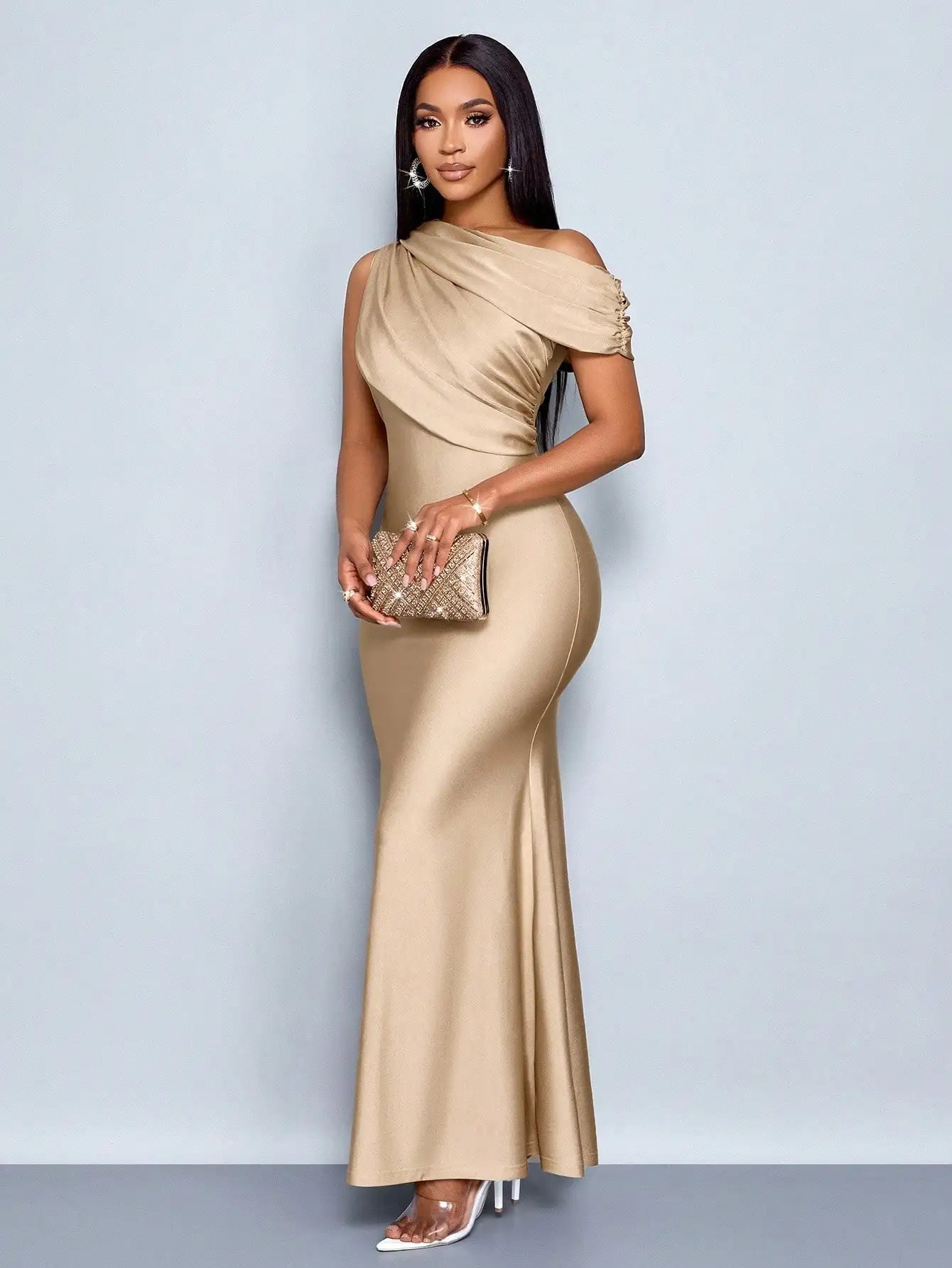 Elegant Apricot Satin Asymmetric Off-Shoulder Sleeveless Fitted Floor-Length Maxi Dress