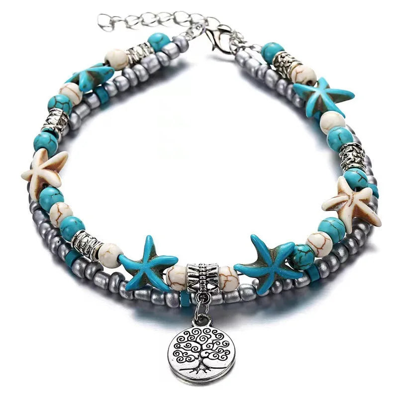 Vintage Turquoise Starfish Turtle Foot Ornaments Beach Layer Beaded Hollow Double Anklet for women Valentine's Day Gift