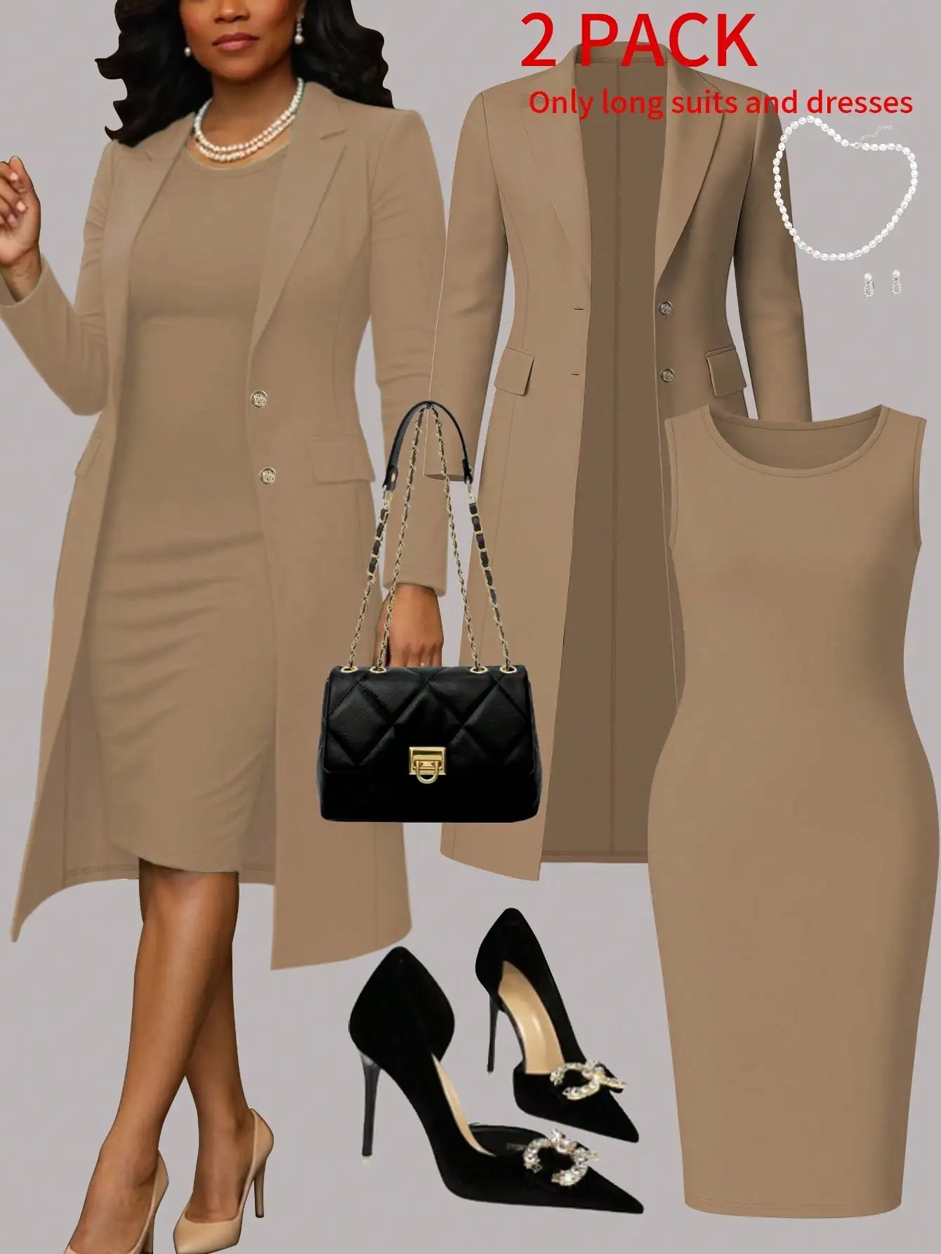 Women's Elegant 2-Piece Set Solid Color Long Sleeve Blazer Jacket And Sleeveless Midi Dress