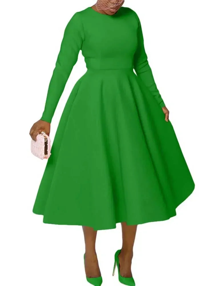 A Line High Waisted Dress Zipper  in Back Women Long Sleeve Autumn Casual Dress Elegant Office Work Lady Dress Solid Color 2025