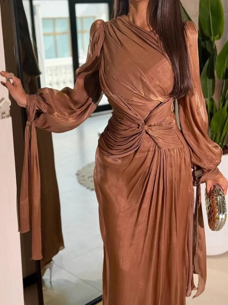 Elegant Long Sleeve Women's Travel Dress Shiny Sash Glowing Evening Gown Wedding Party Company Dinner Adult Ceremony Celebration