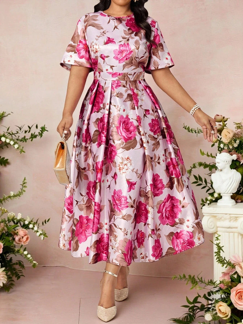 Elegant Floral Print Short Sleeve Pleated A-Line Midi Dress For Women