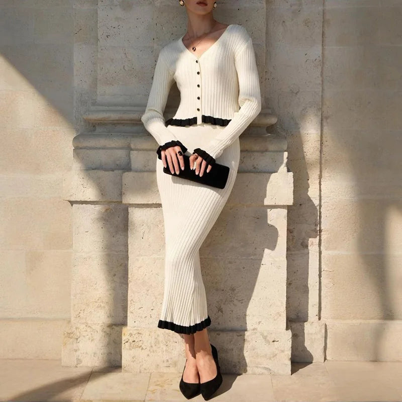 Tornova Elegant Ruffled Knitted Two Piece Set Woman Contrast V neck Long Sleeve Buttons Top Slim Skirt  Autumn Winter Dress Sets