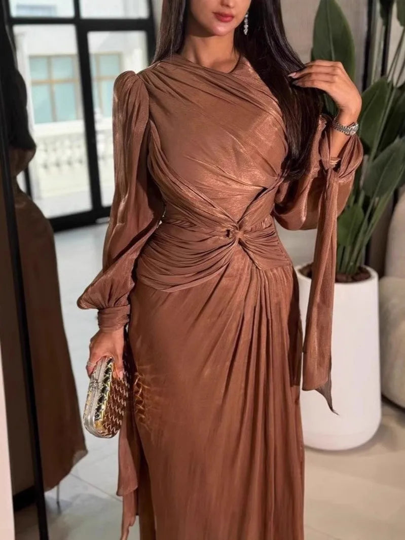 Elegant Long Sleeve Women's Travel Dress Shiny Sash Glowing Evening Gown Wedding Party Company Dinner Adult Ceremony Celebration