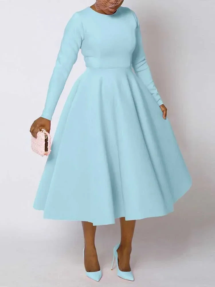 A Line High Waisted Dress Zipper  in Back Women Long Sleeve Autumn Casual Dress Elegant Office Work Lady Dress Solid Color 2025